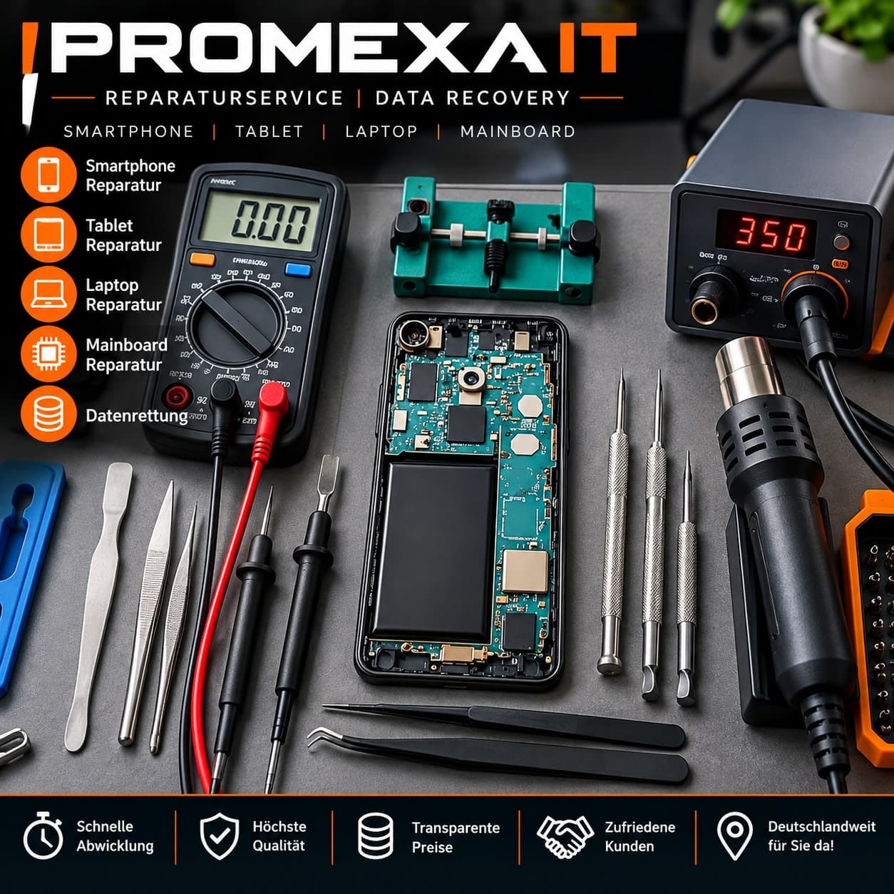 Multimeter, Lötstation und geöffnetes Smartphone
