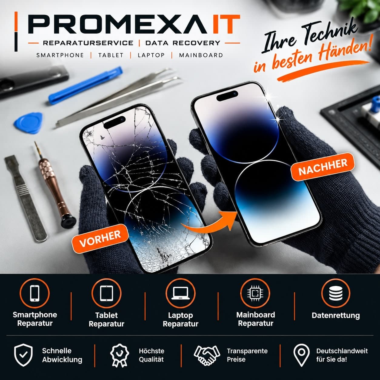 Smartphone mit gebrochenem Display vorher und repariert nachher